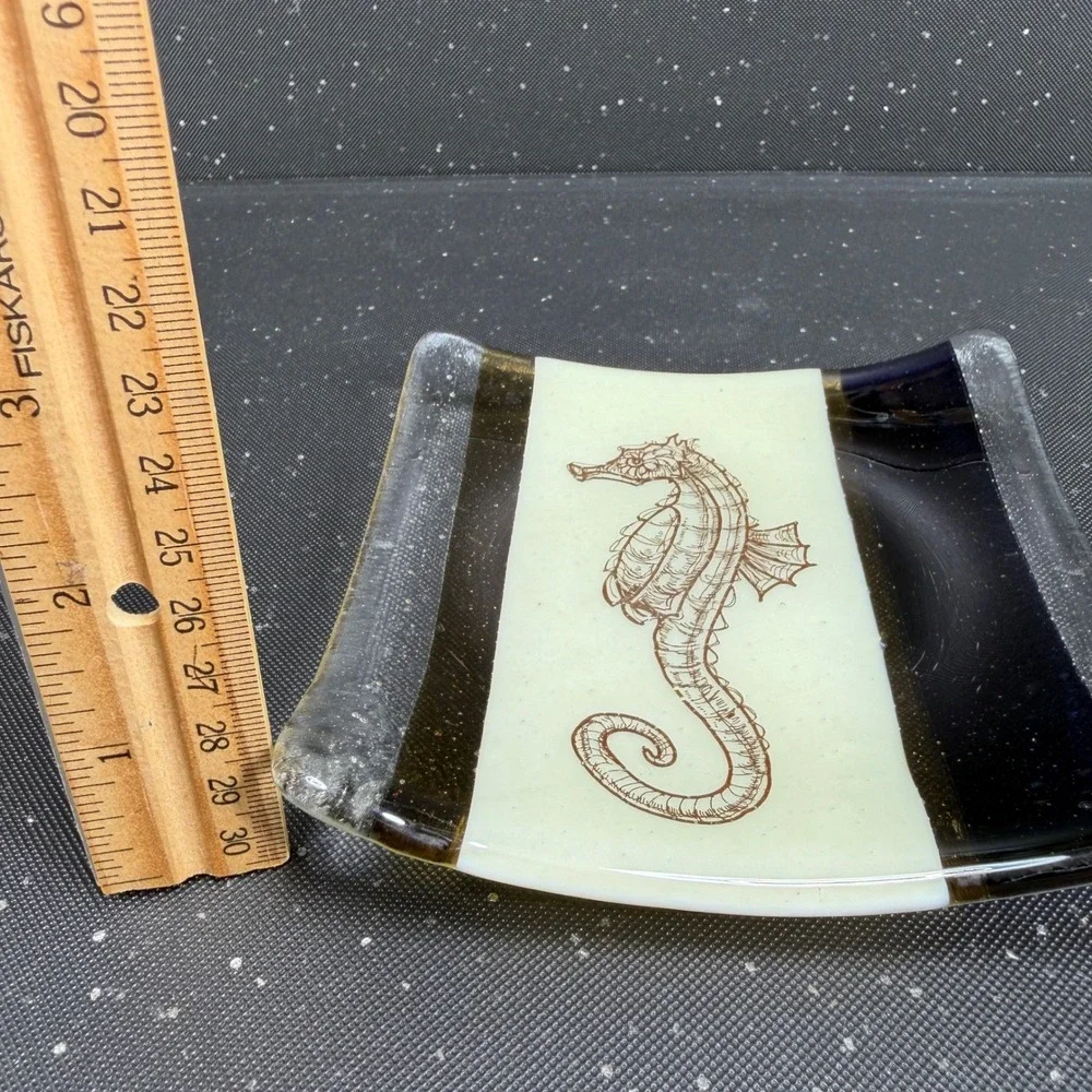 Fused Glass Seahorse Trinket Dish Square Coastal Navy Amber 5in Plate‎